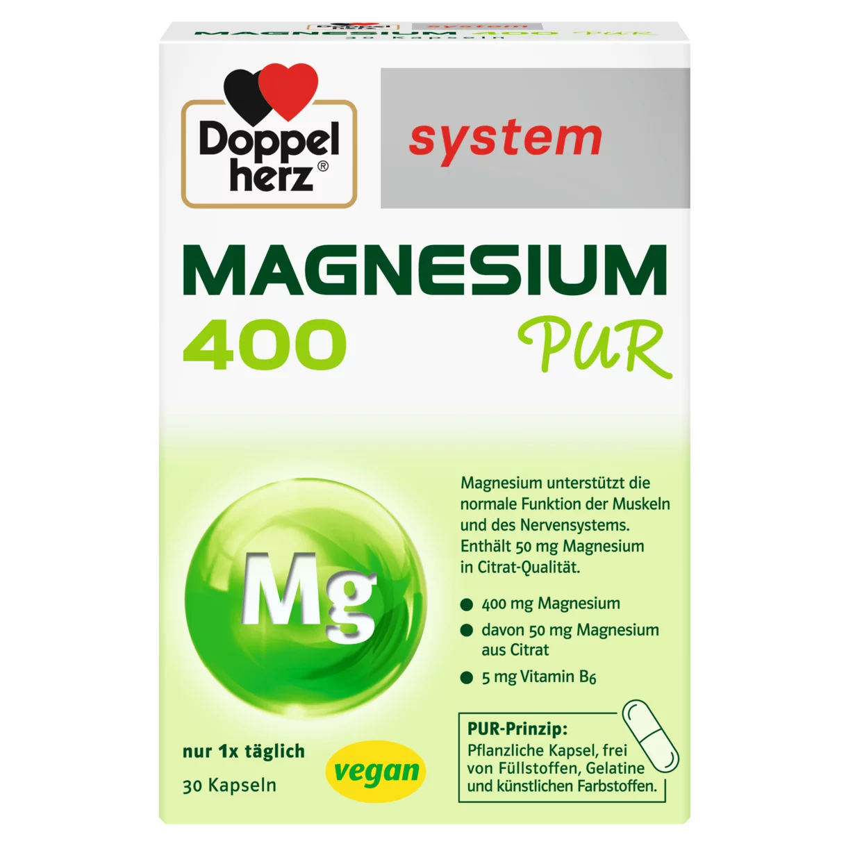 Abbildung der Produktverpackung Doppelherz system MAGNESIUM 400 PUR Frontansicht